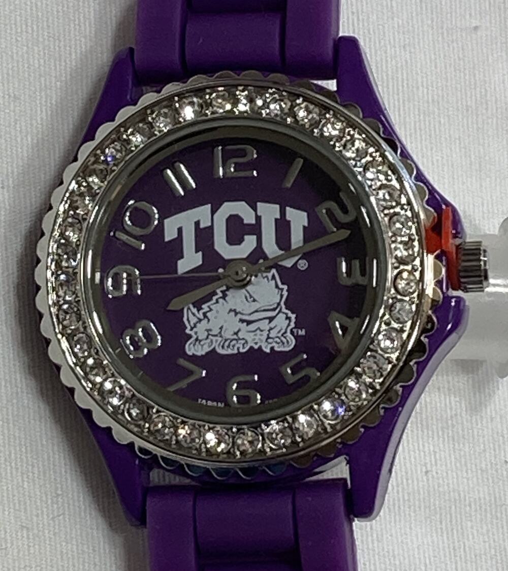 TCU Horned Frogs Ladies Crystals Watch, Purple Silicone Band, NCAA